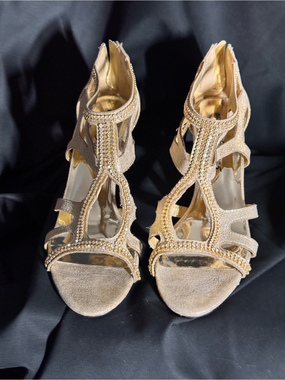 easy street Gold Rhinestone T-Strap Heels